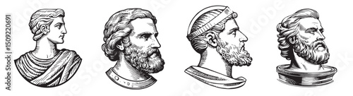 Classic Portraits of Historical Figures in Engraved Style Art, Set Logo design, Vector Illustration, Engraving style