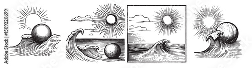 Vintage Ocean Wave Illustrations Featuring Sun and Water Elements, Set Logo design, Vector Illustration, Engraving style