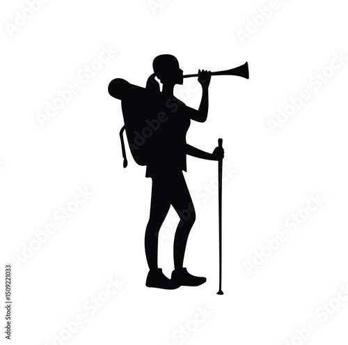 Female hiker silhouette with backpack and hiking stick blowing horn
