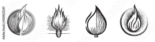 Vintage Illustrations of Flames and Candle Wicks for Designs, set vector illustration