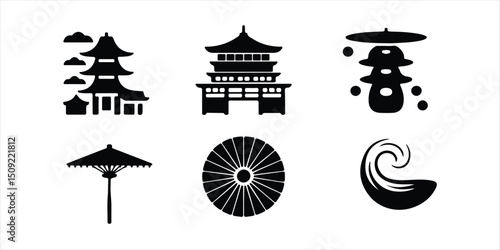 Japan architecture temple silhouette vector on white background. Japan icon set.
