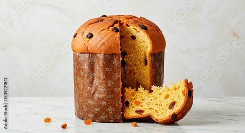 A cut panettone cake with raisins on a marble surface against white wall