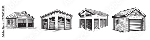 Collection of Vintage Garage Illustrations in Black and White Style, set vector illustration