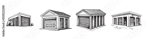 Vintage Illustrations of Different Storage Structures and Garages, set vector illustration