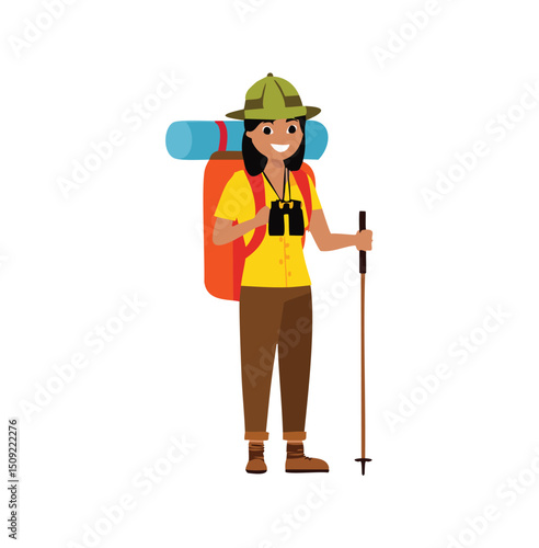 Happy female hiker with backpack and trekking pole