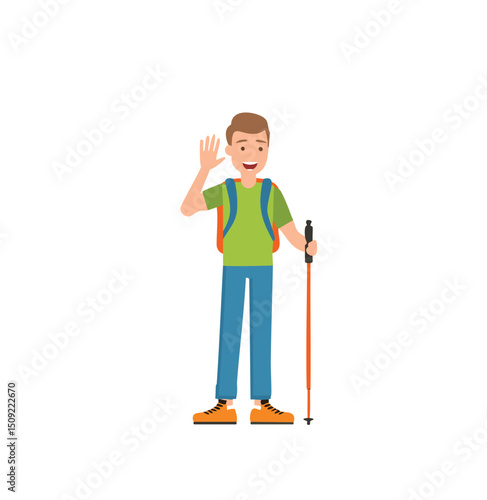 Happy hiker waving backpack trekking hiking travel