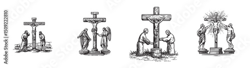Illustrations of the Crucifixion with Angels and Figures in Black and White, set vector illustration