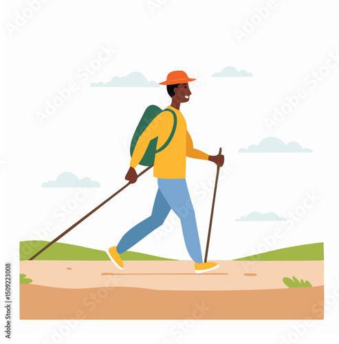 Happy man hiking nature trail backpack trekking poles