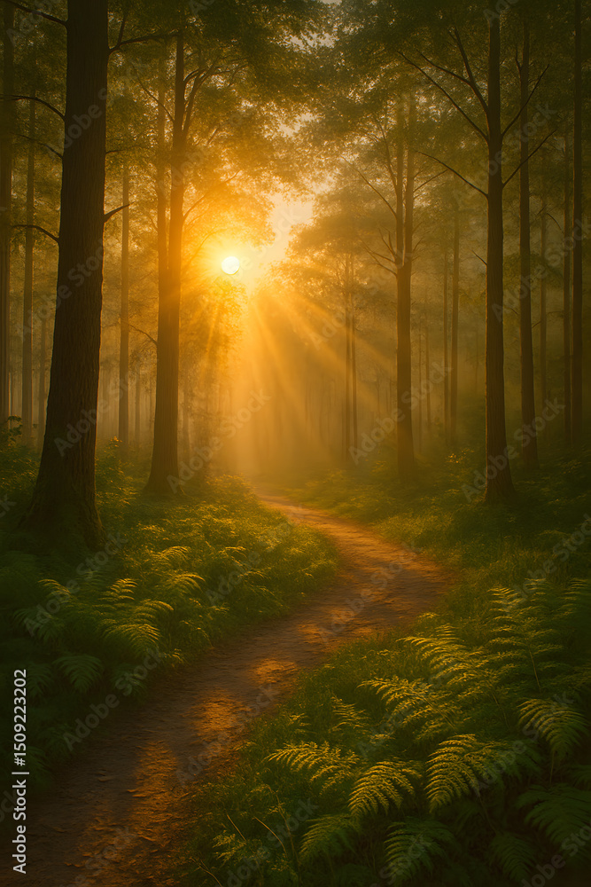 Fototapeta premium beautiful sunrise in the forest during the morning fog