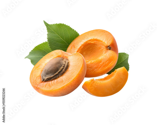 halved apricot with wedge slice on white background