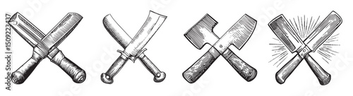 Vintage Illustrations of Various Kitchen Knives and Cleavers Designs, set vector illustration
