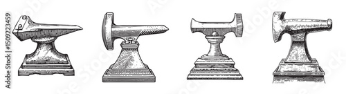 Vintage Style Illustrations of Various Artistic Anvils in Line Art, set vector illustration