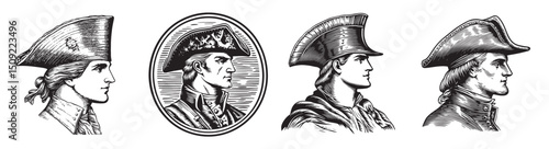 Historical Portraits of Various Military Hats in Vintage Style, set vector illustration