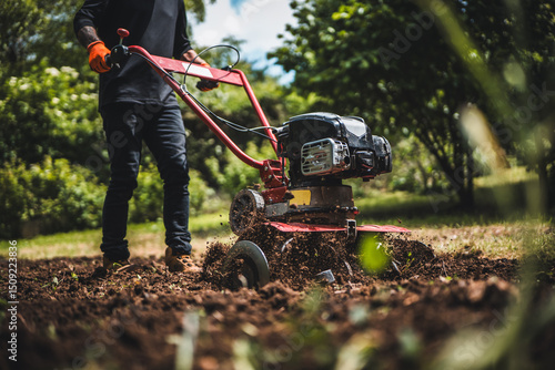 Farmer plows the land with a cultivator, preparing it for planting vegetables, on a sunny day garden. Man with garden tiller. Soil preparing.