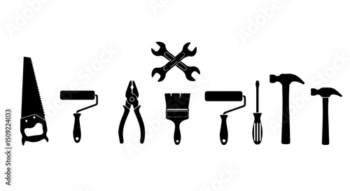 Hand tools vector icons saw, wrench, pliers, paintbrush, roller, hammer, screwdriver