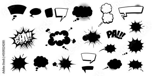 Collection of Hand-Drawn Comic Book Speech Bubbles and Explosions Vector Graphics