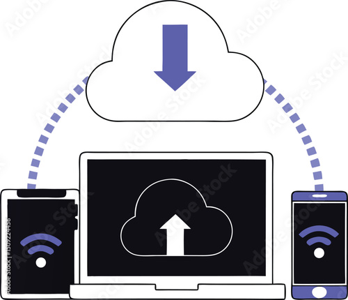 Modern illustration depicting cloud computing and device data transfer