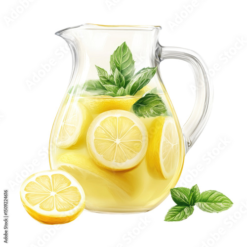Lemonade With Mint Leaves Glass Pitcher  isolated on a transparent background