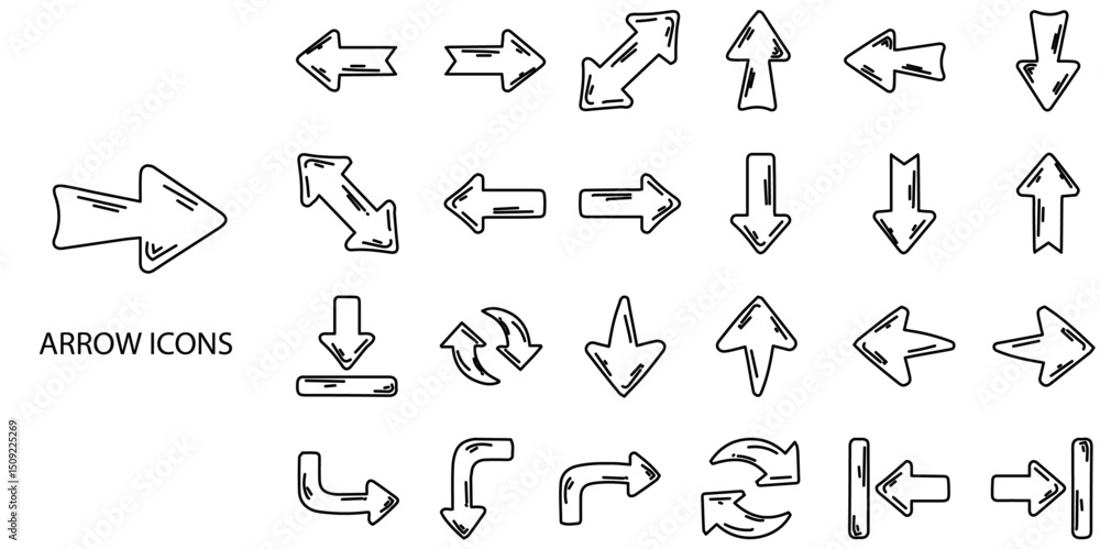 Arrows simple concept 24 hand drawn icons set .Vector illustration. Arrows simple concept 24 hand drawn icons set .Vector illustration.