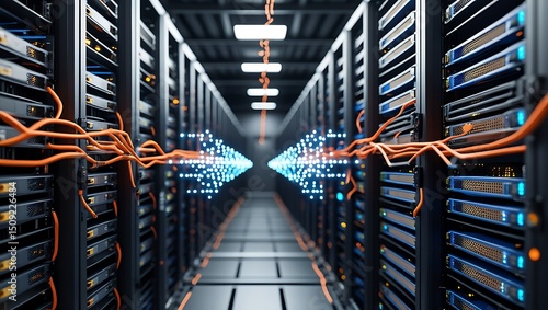 Data center with rows of server racks and interconnected network cables