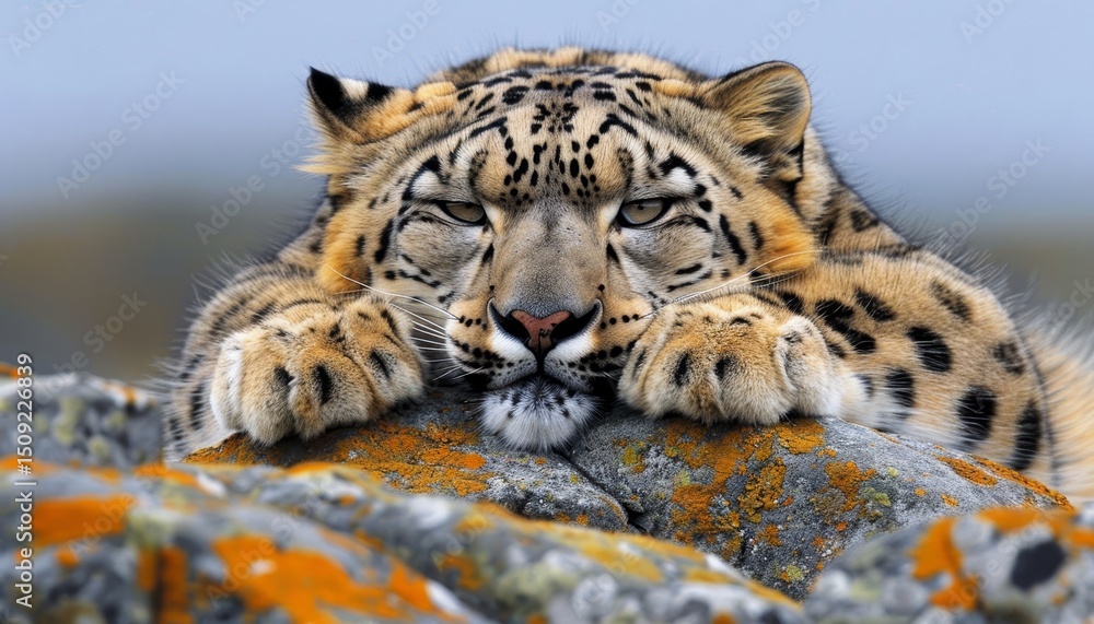 Obraz premium Snow leopard skillfully perched on a rocky ledge, highlighting its stunning natural beauty and grace