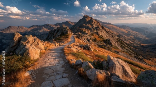 Rocky mountain pass with a winding trail towards the summit in late afternoon light
