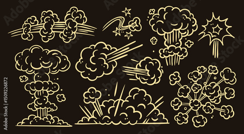 Various cartoon Explosions. Bomb, fire cloud, explosion burst, boom, blast, bang, smoke, gas puffs. Retro, vintage, comic style. Hand drawn trendy Vector illustration. Isolated design elements