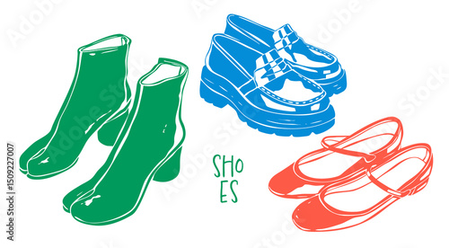 Different shoes set. Heeled, ankle boots, loafers, ballet shoes. Casual formal leather footwear for women, men. Hand drawn modern Vector illustration. Trendy colorful style. Isolated design elements