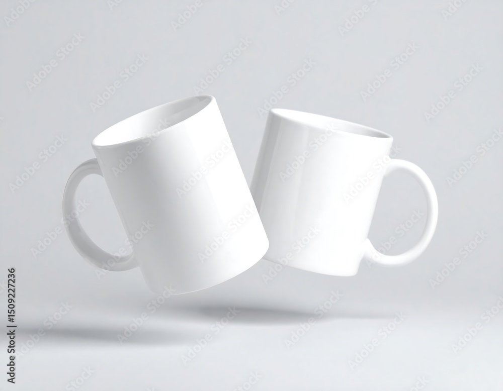 Fototapeta premium Two blank white mugs hover against a light gray background