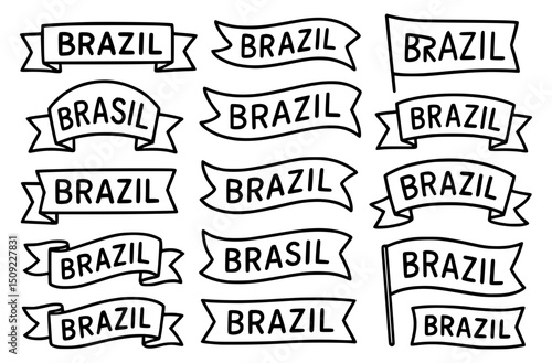 Brazil Vector Banner Ribbon Illustration: Monochrome Graphic Design with Flag Style Typography and Hand Drawn Art for Modern Cultural Branding and Event Celebration