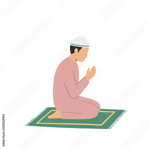 Man praying on prayer rug in a serene environment  