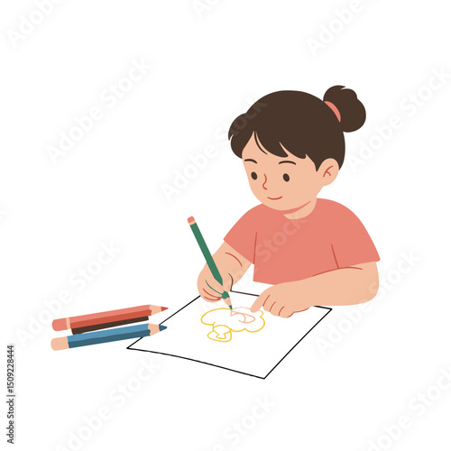 Young girl drawing a picture with colored pencils at a table  