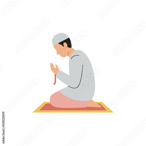 Man praying on prayer mat with prayer beads in a peaceful setting  