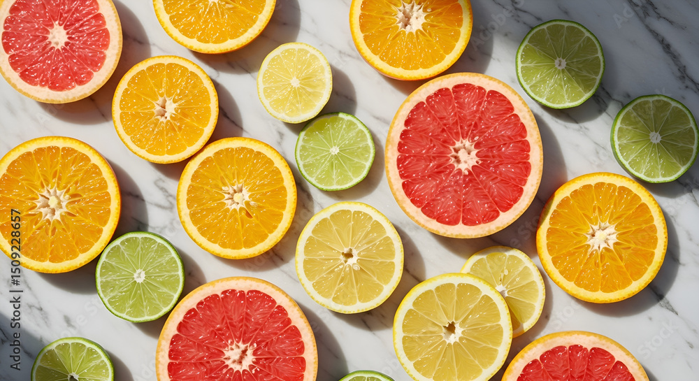 Citrus Fruit Slices: A vibrant collection of juicy citrus fruit slices—oranges, grapefruits, lemons, and limes—arranged artfully on a marble surface, bathed in sunlight. Citrus Fruit Slices: A vibrant collection of juicy citrus fruit slices—oranges, grapefruits, lemons, and limes—arranged artfully on a marble surface, bathed in sunlight.