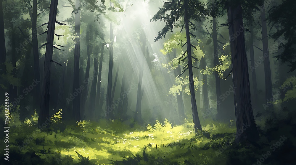 Obraz premium A dense pine forest with sunlight streaming through the canopy 