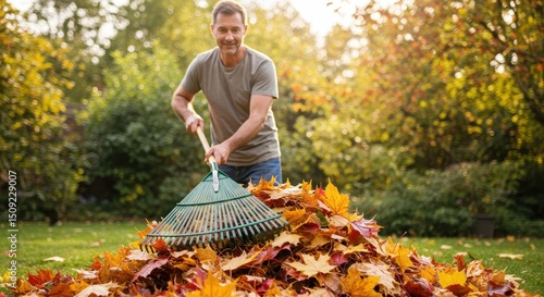 Autumnal Yard Work: Man Raking Leaves in a Sunny Garden