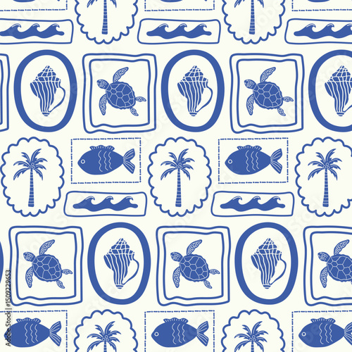 Marine summer seamless retro background. Marine fauna in frames.
