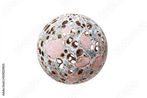 3D rendered abstract sphere with intricate pink, gray, and gold textures.  Perfect for backgrounds, design elements, or artistic projects. Isolated on white.