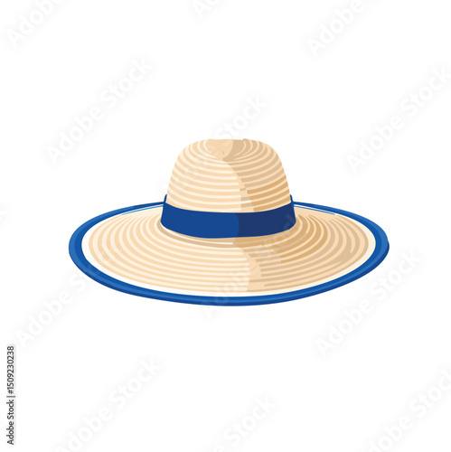 Straw sun hat with blue ribbon wide brim summer fashion