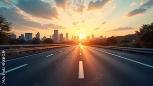 Highway leads to city skyline under radiant golden sunset atmosphere