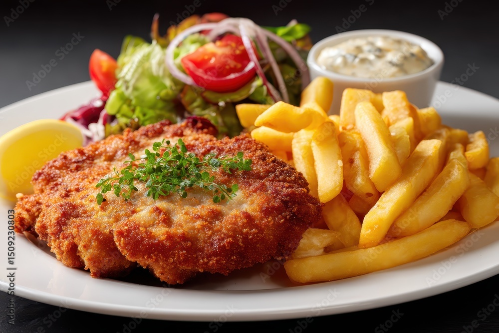 Cordon Bleu Teller Pommes Frites Salat Beilage Panierte Schnitzel Käse Schinken Füllung Hausmannskost Mittagessen Klassisch Knusprig Gebraten Restaurant Gericht Rustikal Nahaufnahme Cordon Bleu Teller Pommes Frites Salat Beilage Panierte Schnitzel Käse Schinken Füllung Hausmannskost Mittagessen Klassisch Knusprig Gebraten Restaurant Gericht Rustikal Nahaufnahme