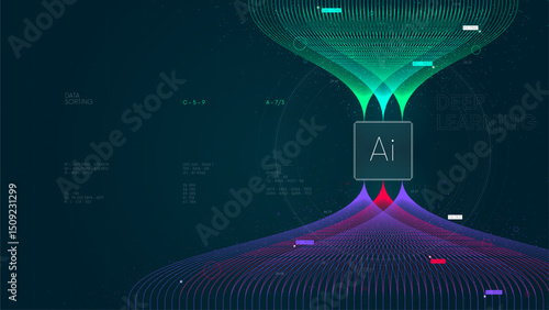 AI deep learning machine learning algorithm technology for artificial intelligence, Big data technology and network analyzing, Vector visualization information stream analysis, machine data sorting