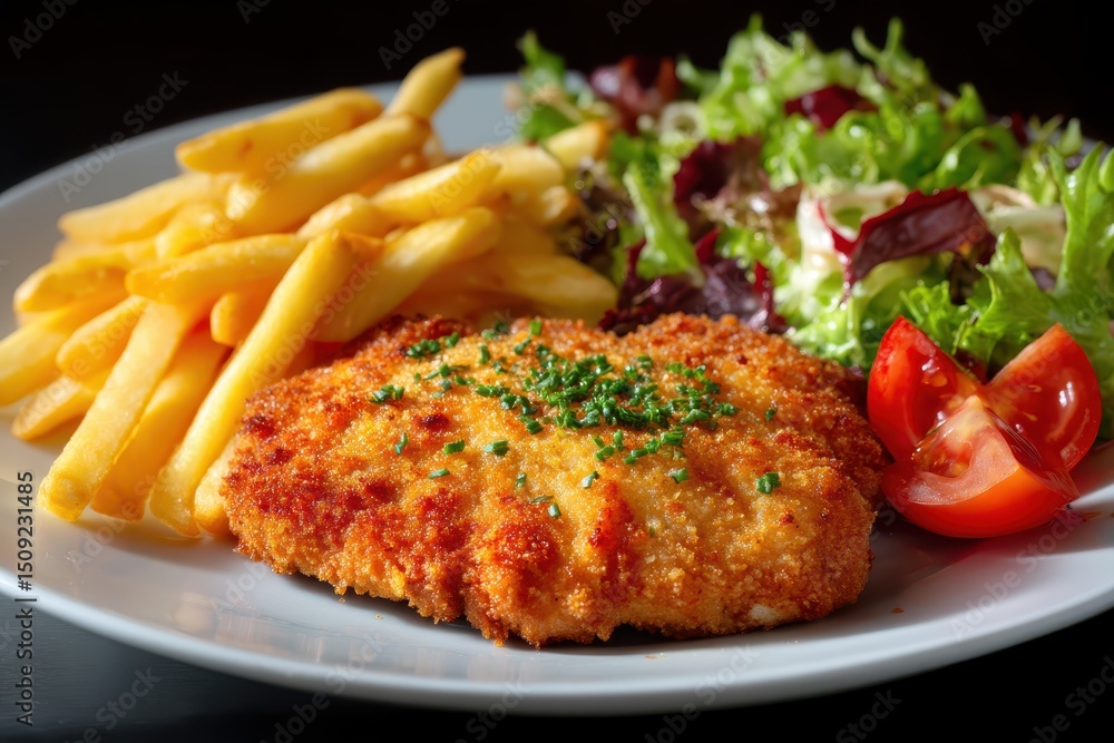 Cordon Bleu Teller Pommes Frites Salat Beilage Panierte Schnitzel Käse Schinken Füllung Hausmannskost Mittagessen Klassisch Knusprig Gebraten Restaurant Gericht Rustikal Nahaufnahme Cordon Bleu Teller Pommes Frites Salat Beilage Panierte Schnitzel Käse Schinken Füllung Hausmannskost Mittagessen Klassisch Knusprig Gebraten Restaurant Gericht Rustikal Nahaufnahme