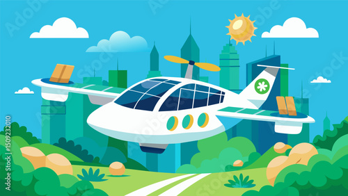 A modern air taxi powered by clean and renewable energy sources floats gracefully over a green oasis in the heart of a busy city showcasing the possibilities of sustainable air. Vector illustration