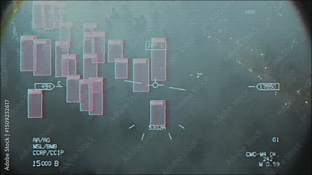 4K Aerial AI targeting interface with pixelated pink recognition boxes ...