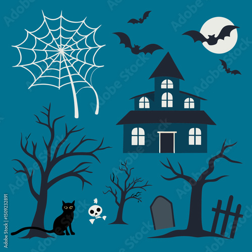 set of silhouettes for halloween design on white background simple detailed traced