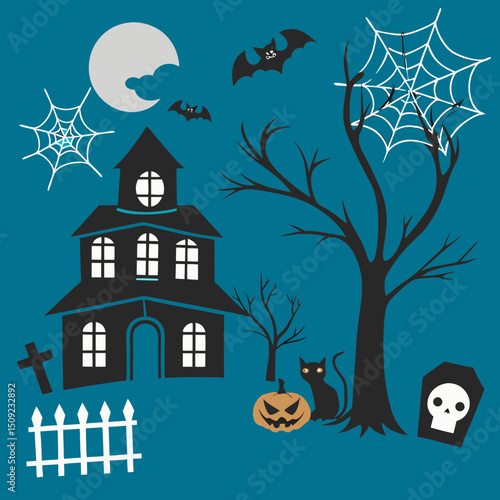set of silhouettes for halloween design on white background simple detailed traced