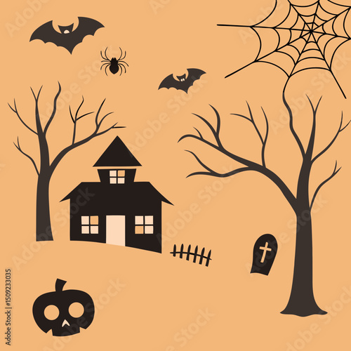 set of silhouettes for halloween design on white background simple detailed traced