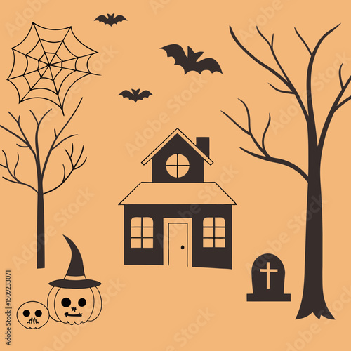 set of silhouettes for halloween design on white background simple detailed traced