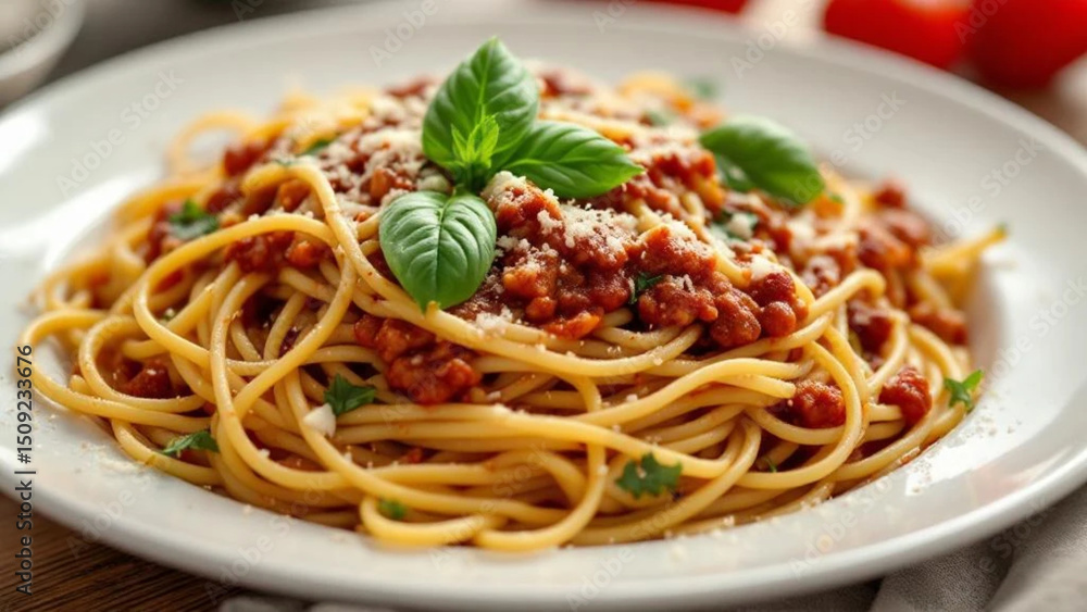 Italian pasta with tomato sauce and basil. Close up Italian pasta with tomato sauce and basil. Close up